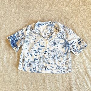 Calypso St. Barth linen blend resort travel print crop button up top